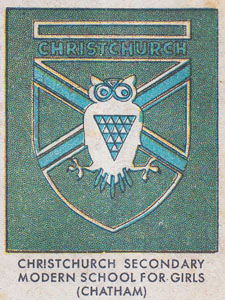 Christchurch Secondary Modern School for Girls (Chatham)
Magpie Hall Road, Chatham, Kent, ME4 5JB
Badge as depicted in Bunty #22 (14 Jun 1958)
1950s Ordnance Survey map showing the school.
The school was renamed as Christchurch High School (girls) in the 1980s closing in August 1995 when it merged with the adjacent Fort Luton High School for boys to form Medway Community College. This school then merged in 2010 with Chatham South school to form Bishop of Rochester's Academy. It changed its name to The Victory Academy when it severed its ties with the Church of England in May 2015 when it became an academy. The Christchurch High School building was demolished c.2013. Christchurch Secondary Modern School for Girls (Chatham).jpg