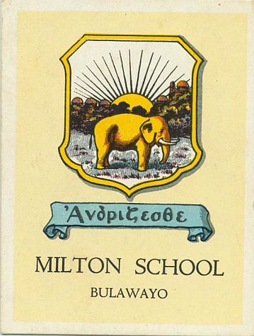 23 - Milton School, Bulawayo
53, Leopold Takawira Ave, Bulawayo, Zimbabwe
Motto: Άvδρίζεσθε (Quit ye like men - from 1 Corinthians 16:13)
Milton High School is a government all-boys high school located in Bulawayo, Zimbabwe. It was the first government all-boys school established in Bulawayo. It was founded in 1910 and is named after Sir William Milton, administrator of the British South Africa Company. (Wikipedia) 23a Milton School, Bulawayo.jpg